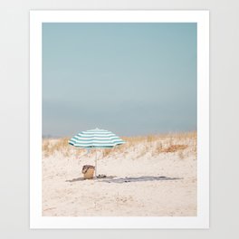 Beach - Blue Umbrella - Ocean Travel photography Art Print