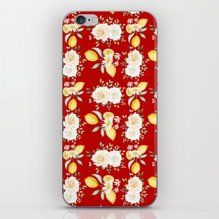 Lemons and White Flowers Pattern On Red Background iPhone Skin