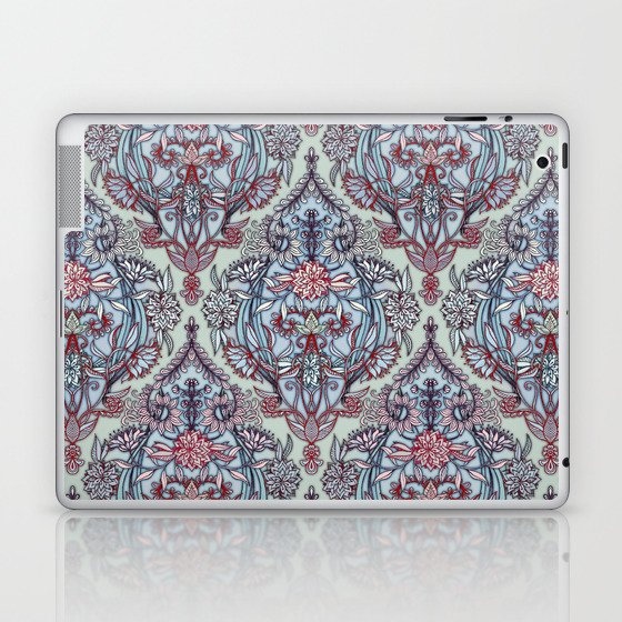 Botanical Moroccan Doodle Pattern in Navy Blue, Red & Grey Laptop & iPad Skin