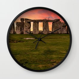 Great Britain Photography - The Stone Henge Under The Red Sunset Wall Clock