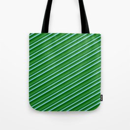 [ Thumbnail: Sky Blue, Dark Green, and Forest Green Colored Lined Pattern Tote Bag ]