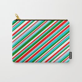 [ Thumbnail: Vibrant Red, Light Blue, Dark Turquoise, Green & White Colored Striped Pattern Carry-All Pouch ]