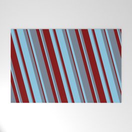 [ Thumbnail: Slate Gray, Sky Blue & Maroon Colored Lined/Striped Pattern Welcome Mat ]