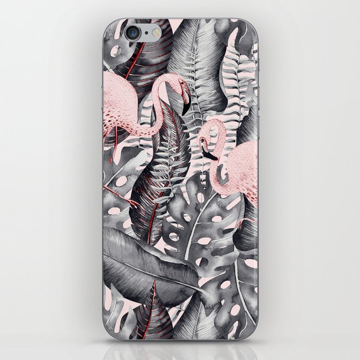 Flamingo Love - Watercolor Birds in Pink and Gray color iPhone Skin