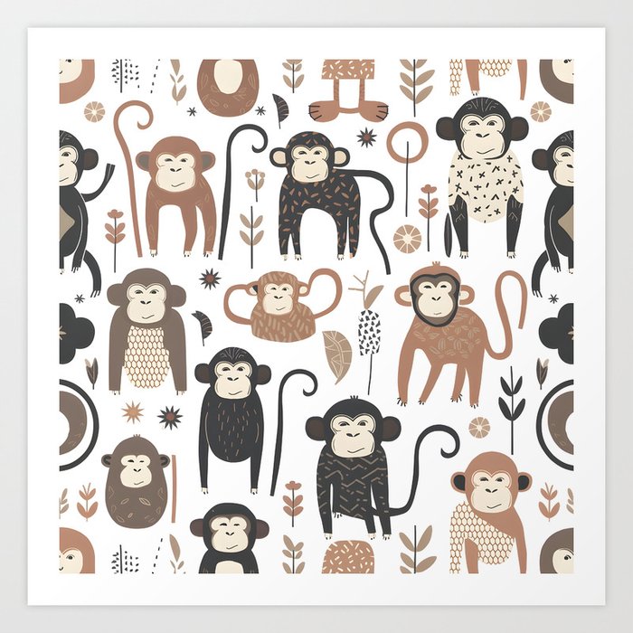 Whimsical Monkey Magic - Boho-Minimalist Pattern Illustration Art Print