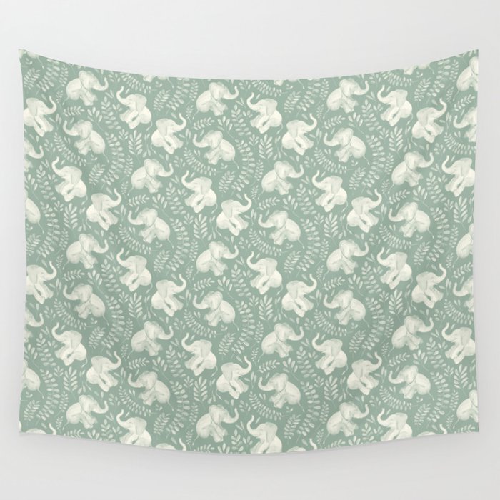 Laughing Baby Elephants in Monochrome Sage Green and Cream Wall Tapestry