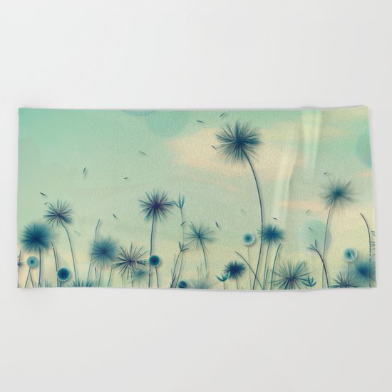 Whimsical Indigo Dandelion Flower Garden Beach Towel