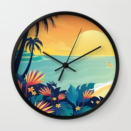 Sunset Beach Illustration Wall Clock | Colorfuldecor, Islandsunset, Beachday, Tropicalsummer, Sunsetbeach, Kitschydecor, Beachlandscape, Summerday, Summervacation, Beachsunrise 
