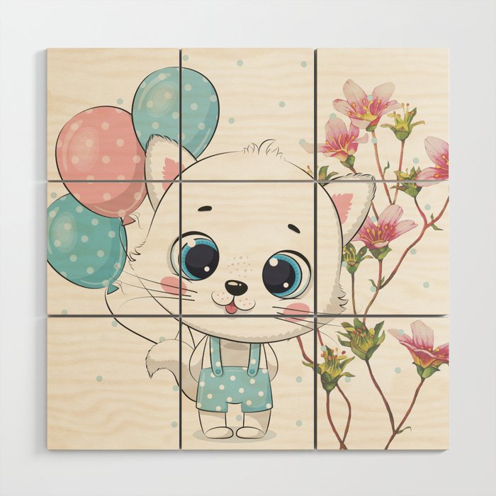 cute cat play with happiness Wood Wall Art
