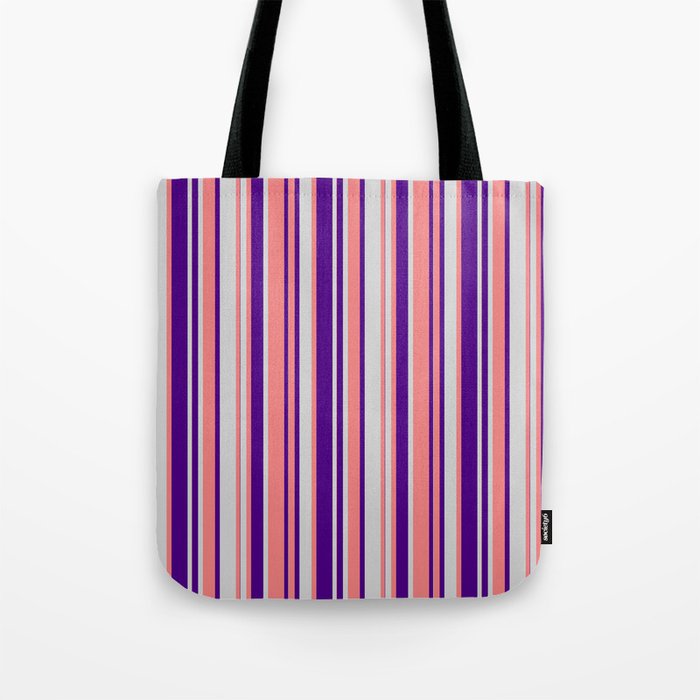 Light Coral, Light Gray & Indigo Colored Lines Pattern Tote Bag