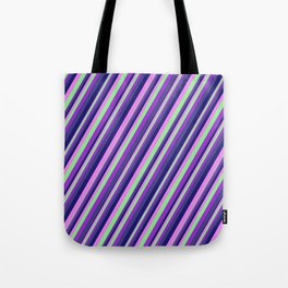 [ Thumbnail: Colorful Light Green, Dark Orchid, Dark Slate Blue, Midnight Blue, Violet Colored Striped Pattern Tote Bag ]