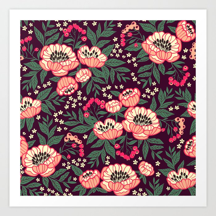 11 Floral Pattern With Peonies Bright Pink Flowers Dark Violet Background Art Print By Ann And Pen Society6