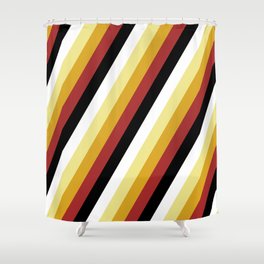 [ Thumbnail: Colorful Tan, Goldenrod, Brown, Black & White Colored Stripes/Lines Pattern Shower Curtain ]