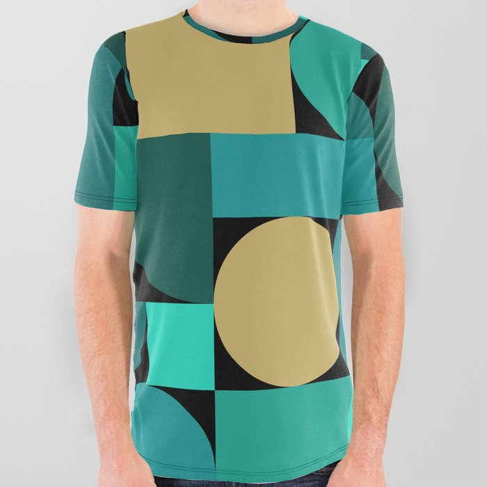 Retro Geometric Abstract Art Turquoise Gold 1 All Over Graphic Tee