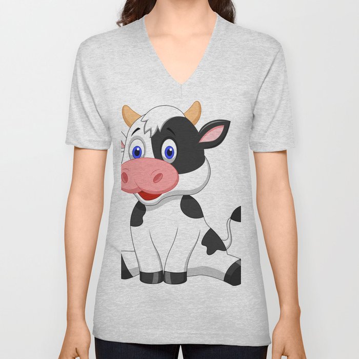 Cute Baby Cow Cartoon V Neck T Shirt
