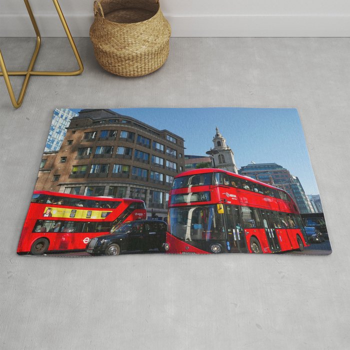 Great Britain Photography - Red Double Decker Buses In Down Town London  Rug