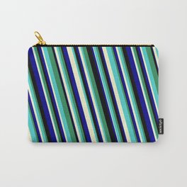 [ Thumbnail: Eyecatching Sea Green, Turquoise, Light Yellow, Dark Blue, and Black Colored Stripes/Lines Pattern Carry-All Pouch ]