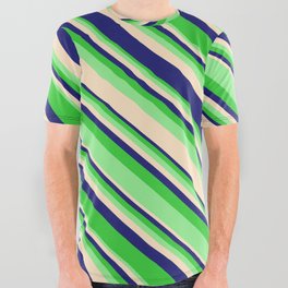 [ Thumbnail: Lime Green, Light Green, Bisque, and Midnight Blue Colored Lined Pattern All Over Graphic Tee ]