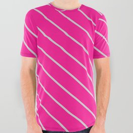 [ Thumbnail: Deep Pink & Light Gray Colored Pattern of Stripes All Over Graphic Tee ]