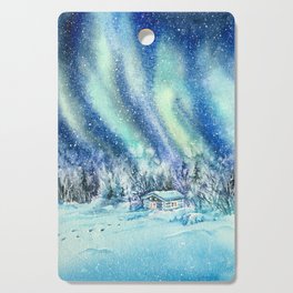 Magical Log Cabin Snowy Northern Lights Forest Landscape Cutting Board