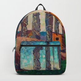 Gitwangak, Skeena River; Queen Charlotte Islands first nation totem poles riverside mountain landscape painting by Emily Carr for home, bedroom, & wall decor Backpack