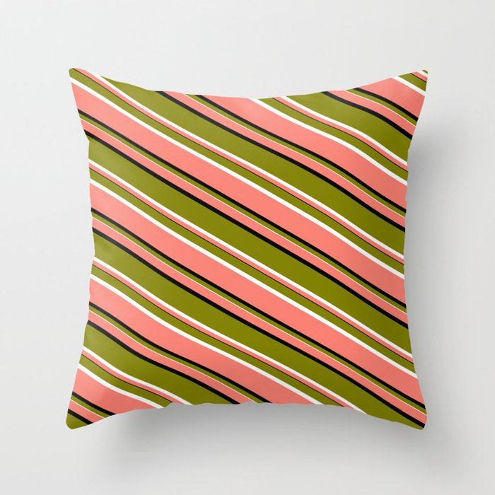 Salmon, Black, Green, and White Colored Lines Pattern Throw Pillow