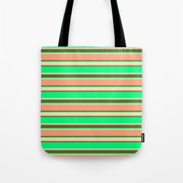 [ Thumbnail: Green, Beige, Light Salmon & Dark Olive Green Colored Stripes Pattern Tote Bag ]