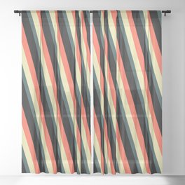 [ Thumbnail: Red, Pale Goldenrod, Dark Slate Gray, and Black Colored Lines Pattern Sheer Curtain ]