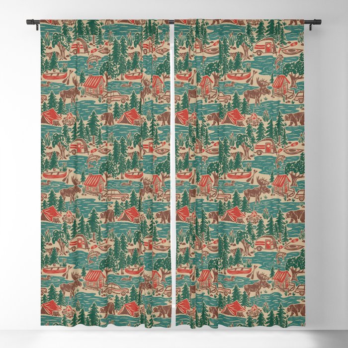 North Country Summer - vintage teal, green, brown, and red Blackout Curtain
