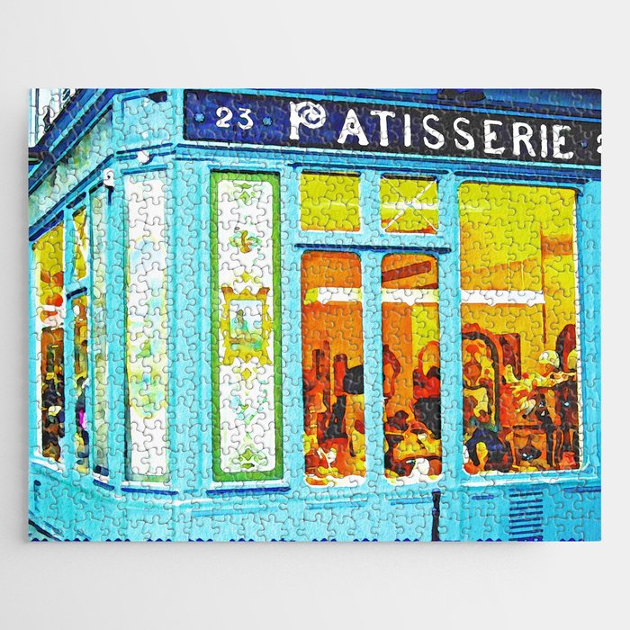 French Patisserie Murais Jewish Paris Cafe street sceen watercolor colorful portrait painting Jigsaw Puzzle