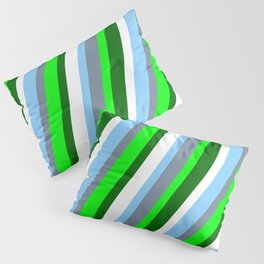 [ Thumbnail: Eye-catching Light Sky Blue, Light Slate Gray, Lime, Dark Green, and White Colored Stripes Pattern Pillow Sham ]