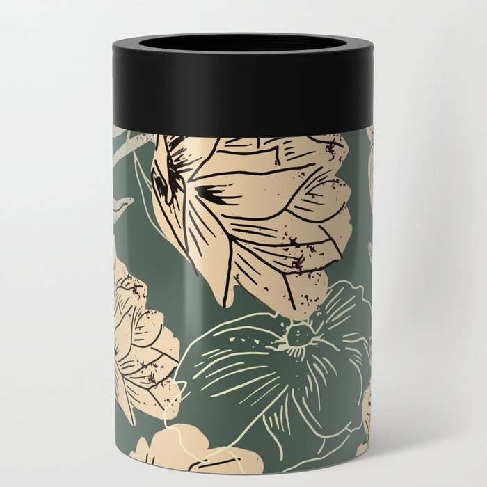 Peach Spring Flowers on Forest Green Can Cooler
