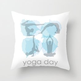 Yoga day workout silhouettes on watercolor paint splashes	 Throw Pillow
