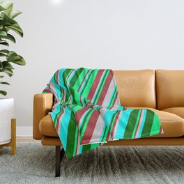 [ Thumbnail: Colorful Brown, Light Grey, Cyan, Dark Green, and Green Colored Stripes Pattern Throw Blanket ]