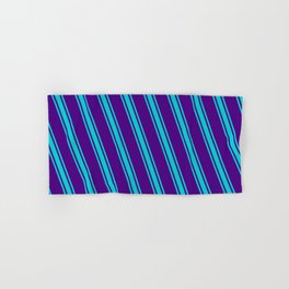 [ Thumbnail: Indigo and Dark Turquoise Colored Striped/Lined Pattern Hand & Bath Towel ]
