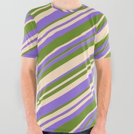 [ Thumbnail: Purple, Green, and Bisque Colored Lined Pattern All Over Graphic Tee ]