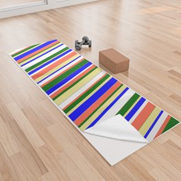 [ Thumbnail: Vibrant Blue, Tan, Dark Green, Red, and White Colored Stripes/Lines Pattern Yoga Towel ]