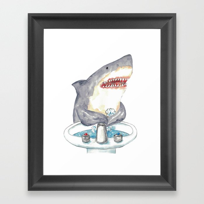 Shark washing hands bath watercolor Framed Art Print
