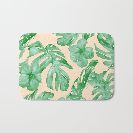 Tropical Coral Green Leaves Flower Pattern Bath Mat