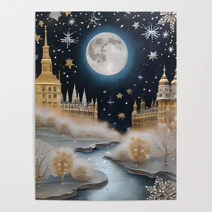 Christmas in London - Thames Winter Holiday Gold and Silver Art Poster