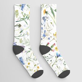 Scandinavian Midsummer Blue And Yellow Wildflowers Meadow  Socks