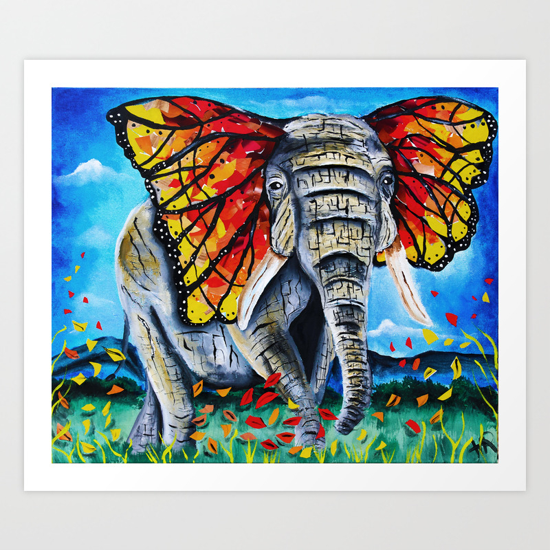 Elephant Painting Butterfly Monarch Fall Leaves Elephant