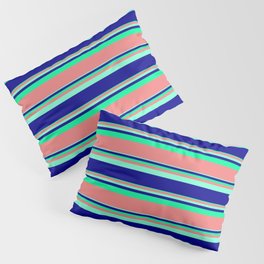 [ Thumbnail: Aquamarine, Dark Blue, Green & Light Coral Colored Stripes Pattern Pillow Sham ]