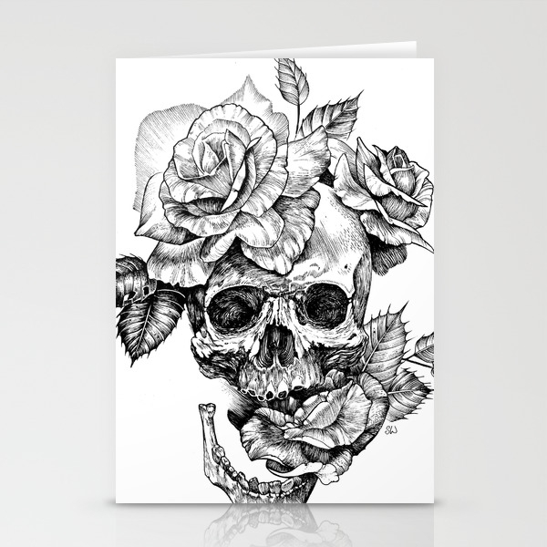 Black And White Skull With Roses Pen Drawing Stationery Cards By