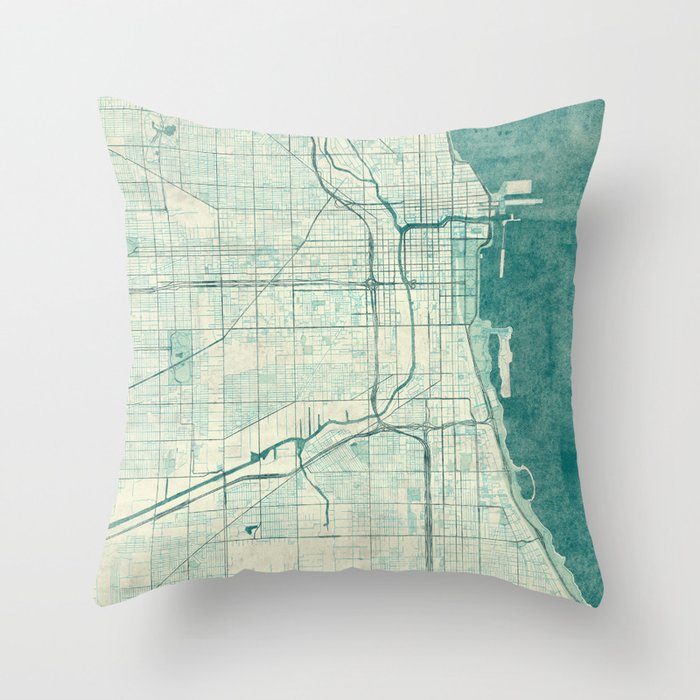 Chicago Map Blue Vintage Throw Pillow