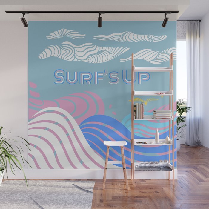 Surf’s Up - Pink, Blue & White Waves Wall Mural