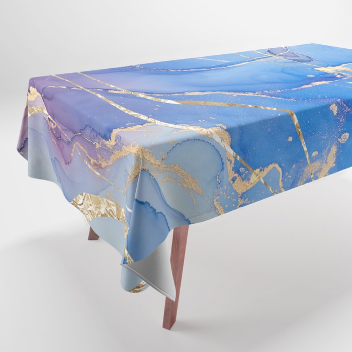 Abstract Blue Marble With Gold Swirls Tablecloth by AmberGigi | Society6