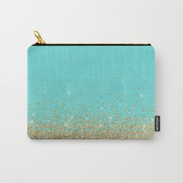 Sparkling gold glitter confetti on aqua teal damask background Carry-All Pouch