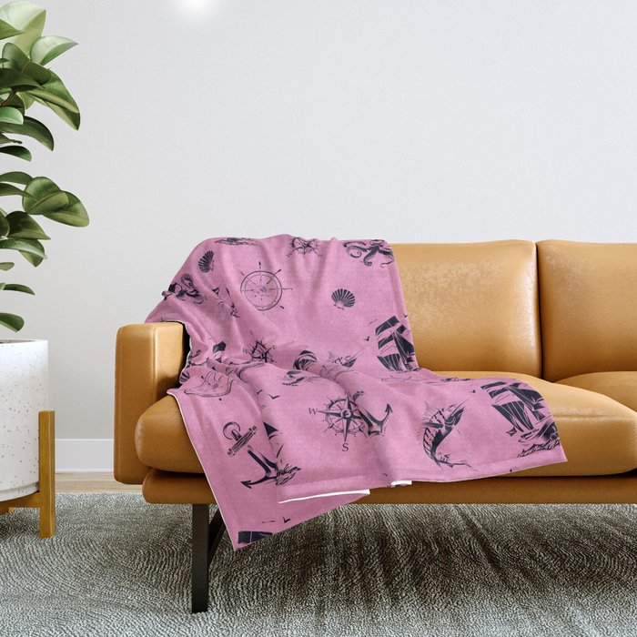 Pink And Blue Silhouettes Of Vintage Nautical Pattern Throw Blanket