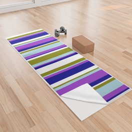[ Thumbnail: Eyecatching Green, Light Blue, Dark Orchid, Dark Blue, and White Colored Lined/Striped Pattern Yoga Towel ]